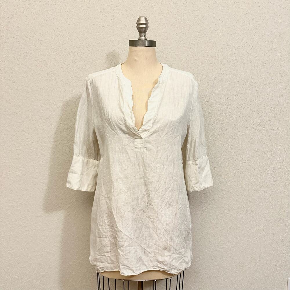 IRIS & INK Tunic Top Cream Striped Linen V-Neck 3/4 Sleeve Peasant